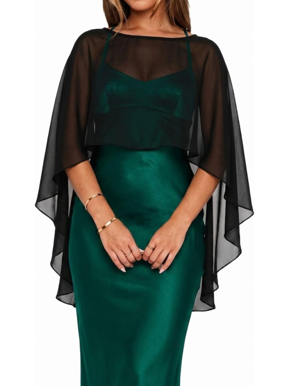 Women's Black Chiffon Cape Sheer Poncho Top Shawls and Wraps Beach Cover Up